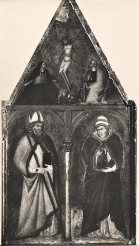 Anonimo — Francesco di Vannuccio - sec. XIV - Santo monaco vescovo e il beato Urbano V papa; Crocifissione di Cristo — insieme